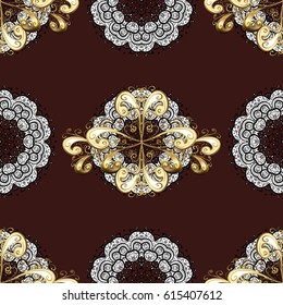 Seamless damask pattern background for wallpaper design in the style of Baroque. Golden pattern on brown background with golden elements. Ornate vector decoration.