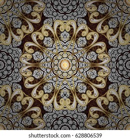 Seamless damask pattern background for wallpaper design in the style of Baroque. Golden pattern on brown background with golden elements. Ornate vector decoration.