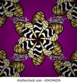 Seamless damask pattern background for wallpaper design in the style of Baroque. Golden pattern on magenta background with golden elements. Ornate vector decoration.