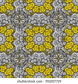 Seamless damask pattern background for wallpaper design in the style of Baroque. White pattern on yellow background with white elements. Ornate vector decoration.