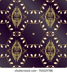 Seamless damask pattern background for wallpaper design in the style of Baroque. Golden pattern on lilac and purple background with golden elements. Ornate vector decoration.