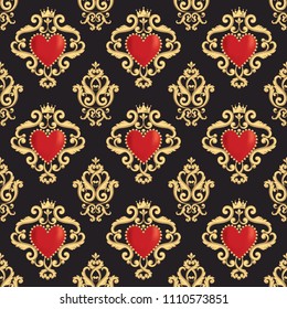 Seamless damask pattern with beautiful ornamental red heart s with crown on black background. Vector illustration.