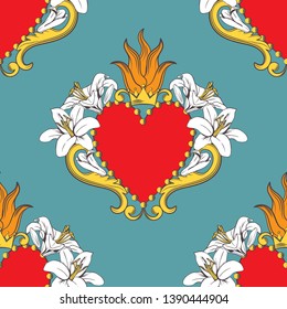 Seamless damask pattern with beautiful ornamental red hearts with crowns. Vector illustration.