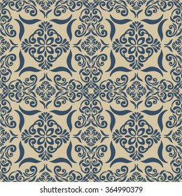 Seamless damask pattern. Beige Ornament on Blue background