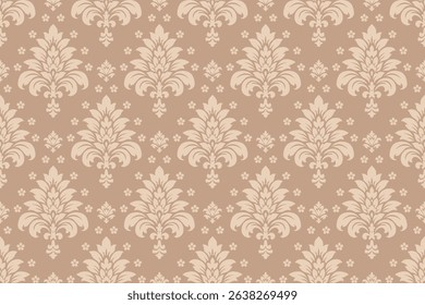 Seamless damask pattern in beige and taupe with classic baroque floral ornaments, perfect for elegant wallpaper, vintage backgrounds, textile prints, interior decor, and luxury packaging.