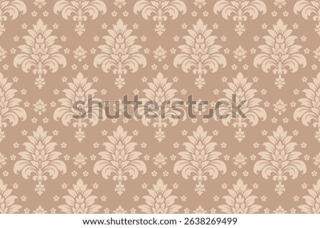 Seamless damask pattern in beige and taupe with classic baroque floral ornaments, perfect for elegant wallpaper, vintage backgrounds, textile prints, interior decor, and luxury packaging.
