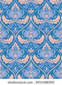 Patrón de damasco sin costuras. Vector azul y beige. Fondo oriental para un Fondo de pantalla, textil, alfombra, papel de embalaje.