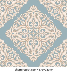Seamless damask pattern. Blue and beige pastel texture with pearls. Vector illustration. Can use as background for birthday cards, wedding invitations, textile print, wallpapers, wrapping paper