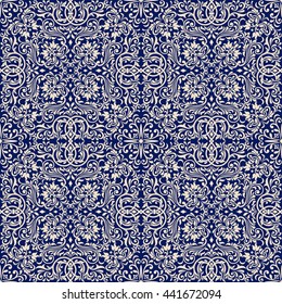 Seamless damask pattern in blue and beige. Endless pattern can be used for ceramic tile, wallpaper, wrapping paper, textile, linoleum, web page background.