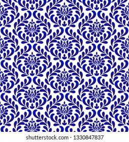 seamless damask pattern, blue and white wallpaper classic style of baroque, porcelain floral decorative background for design, texture, wall, fabric and silk, vector illustration