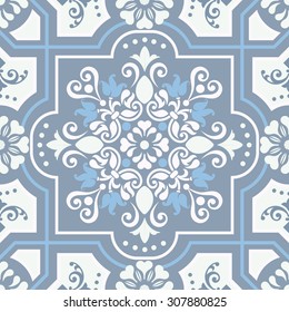 seamless damask pattern in blue and white