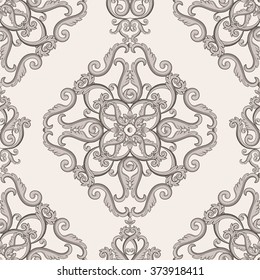 Seamless damask pattern. Brown and  beige texture in vintage royal style. Vector illustration. Can use as background for birthday cards, wedding invitations, textile print, wallpaper, wrapping paper