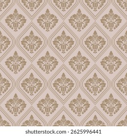 seamless damask pattern, brown floral ornament and cream background, vector illustration elegant for textile, wall paper, curtains, cushion cover, rug, upholstery fabric, scarf, vintage design