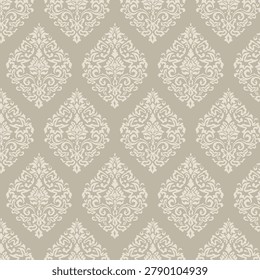 Seamless damask pattern with classic baroque ornamental medallions on warm beige taupe background. Elegant grandmillennial design for wallpaper, fabric, wedding stationery, home decor, textile print.