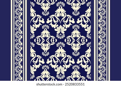 Nahtloses Damast-Muster mit einem klassischen floralen Design.Afrikanische Stickereimuster, Paisley, Boho, florale Ikat, ethnische Blumenmuster, Ikat sari, Ikat-Muster und ethnische Muster.