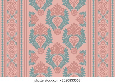 Patrón de damasco sin costuras con un diseño floral clásico. Patrones de bordado africanos, paisley, boho, ikat floral, diseños florales étnicos, ikat sari, patrones ikat y patrones étnicos.
