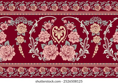 Nahtloses Damast-Muster mit einem klassischen floralen Design.Afrikanische Stickereimuster, Paisley, Boho, florale Ikat, ethnische Blumenmuster, Ikat sari, Ikat-Muster und ethnische Muster.