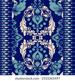 Nahtloses Damast-Muster mit einem klassischen floralen Design.Afrikanische Stickereimuster, Paisley, Boho, florale Ikat, ethnische Blumenmuster, Ikat sari, Ikat-Muster und ethnische Muster.