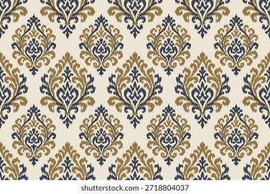 Seamless damask pattern with classic ikat ornamental motifs in navy blue and gold on cream background, elegant repeating design for luxury textile fabric wallpaper.