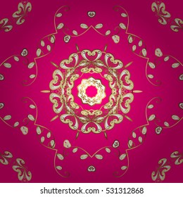 Seamless damask pattern, classic, pink background. Vector. Mandala. Golden floral pattern.