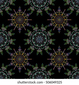 Seamless damask pattern, classic wallpaper, green and yellow on a black background. Ornamental border. Vector seamless pattern.