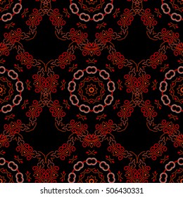 Seamless damask pattern, classic wallpaper, red on a black background. Ornamental border. Vector seamless pattern.