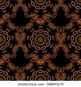 Seamless damask pattern, classic wallpaper, yellow on a black background. Ornamental border. Vector seamless pattern.