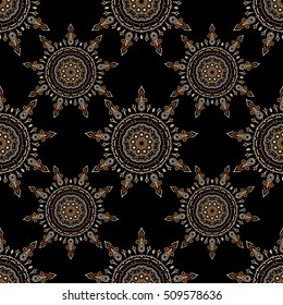 Seamless damask pattern, classic wallpaper, beige on a black background. Ornamental border. Vector seamless pattern.