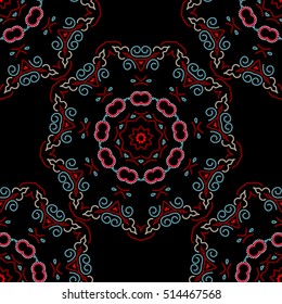 Seamless damask pattern, classic wallpaper, red, blue and pink on a black background. Ornamental border. Vector seamless pattern.