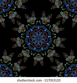 Seamless damask pattern, classic wallpaper, orange, pink and blue on a black background. Ornamental border. Vector seamless pattern.