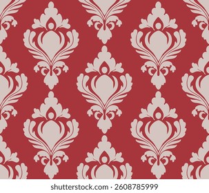 seamless damask pattern with cream abstract floral and dark red background, vector illustration elegant for textile design, wall paper, bedding, curtains, cushion, upholstery fabric, scarf, rug