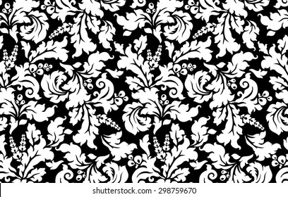 Seamless damask pattern with curly leafs. Black and white