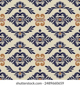 A seamless damask pattern with darkblue and yellow melon . on cream backgound . Perfect for textiles, wallpapers, wrapping paper, and digital backgrounds, adding elegance and sophistication.