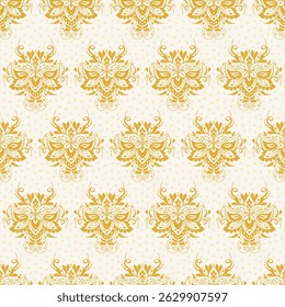 Patrón de damasco sin costuras con puntos y Elementos amarillos dorados para el diseño de Fondo de pantalla, tela y superficie