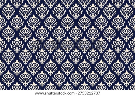 Seamless damask pattern with elegant ornamental floral motifs in soft beige on a deep blue background. This classic decorative design is inspired by vintage European wallpaper and luxury textile patterns. Perfect for wallpaper, fabric prints, packaging, interior decoration, wrapping paper, and sophisticated surface design projects.
