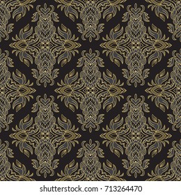 Seamless damask pattern with exotic flowers and leaves in gold and black color