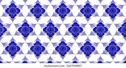 A seamless damask pattern featuring elegant blue flowers. The design is perfect for use in textiles, wallpapers, packaging, and digital projects, offering a timeless and sophisticated aesthetic.