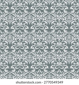 Seamless damask pattern featuring intricate floral ornaments and scrollwork motifs. Designed in a sophisticated slate gray and ivory color palette, this high-quality repeating vector-style texture evokes a sense of Victorian luxury and timeless class. Fit for high-end interior design projects, textile printing, luxury packaging, wedding stationery, and classic home decor backgrounds.