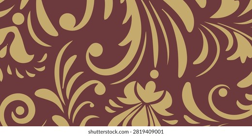 A seamless damask pattern featuring intricate swirls and floral motifs in rich burgundy and metallic gold.