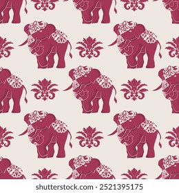 Seamless damask pattern featuring maroon elephants with intricate floral details on a cream background. Perfect for use in textiles, wallpapers, and decorative projects, offering a touch of elegance 