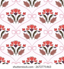 Seamless damask pattern with floral design, elegant wallpaper with bouquets and bows