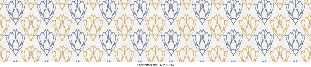 Patrón de damasco sin foco en lino azul french shabby chic borde. Banner de textura ditzy floral dibujado a mano. Antiguo fondo azul blanco. Pared decorativa de fondo de pared interior. Guarnecido ornato floreado de la cinta.
