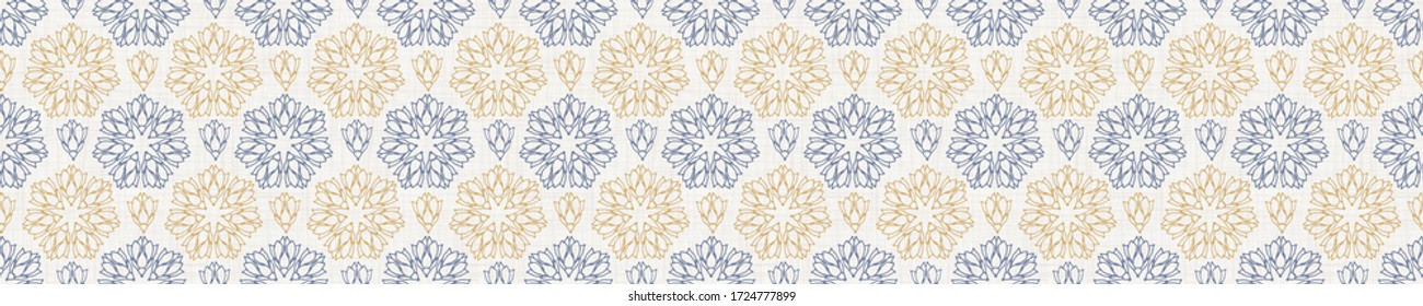 Seamless damask pattern in french blue linen shabby chic border. Hand drawn floral ditzy texture banner. Old white blue background. Interior wallpaper home decor swatch. Ornate flourish ribbon trim.