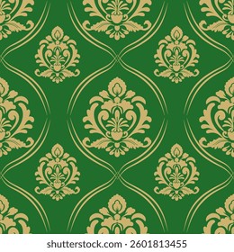 seamless damask pattern with gold abstract floral and green background, vector illustration elegant for textile design, wall paper, bedding, curtains, cushion, scarf, decoration, interior, vintage