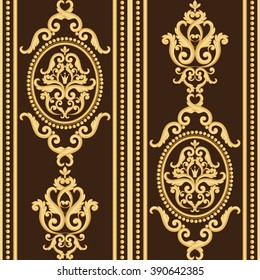 Seamless damask pattern. Gold and brown texture in vintage rich royal style. Vector illustration. Can use as background for birthday card, wedding invitations, textile print, wallpaper, wrapping paper