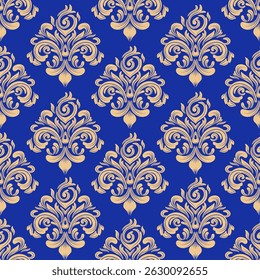 padrão de damasco sem costura com fundo floral e azul dourado, ilustração vetorial elegante para têxtil, papel de parede, cortinas, capa de almofada, tapete, cama, vintage e design de luxo, decoração