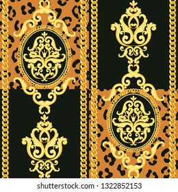 Seamless damask pattern. Gold on black and animal leopard texture with chains. Vector illustration. Can use as background, t shirt design, textile print, clothing and linen, wallpapers, wrapping paper