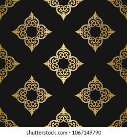 Seamless damask pattern with gold oriental ornaments on black background