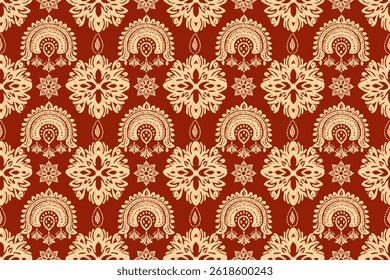 Padrão de damasco sem costura em ouro com um fundo vermelho. Motivo Ikat floral bordado folclore ornament.Indian étnica tradicional têxtil. Design para textura, tecido, roupas, embalagem, decoração
