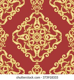 Seamless damask pattern. Gold and red texture in vintage rich royal style. Vector illustration. Can use as background for birthday card, wedding invitations, textile print, wallpaper, wrapping paper